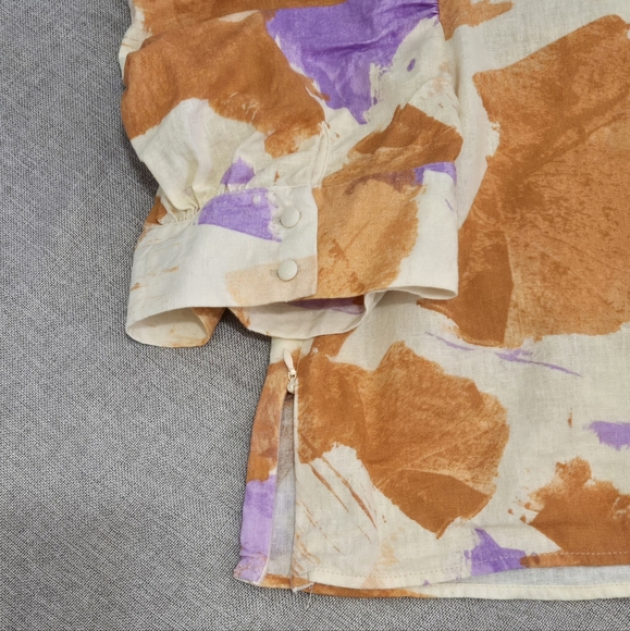 Eloquii Linen Blend Puff Sleeve V Neck Top Cream Orange Lavender Print Size 24 - Picture 4 of 9